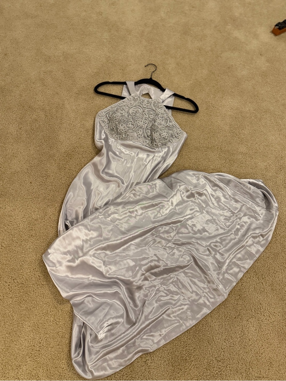 Vintage Y2K Faviana Silver Beaded Satin Prom Dress 3/4